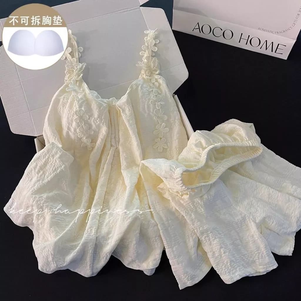 Đồ Ngủ Mùa Hè Có Đệm Cho Phụ Nữ, Quần Short Dây Hoa Xanh Mới Mùa Hè, Bộ Đồ Mặc Nhà Hai Mảnh Thoải Mái Ngọt Ngào-Hàng Ord