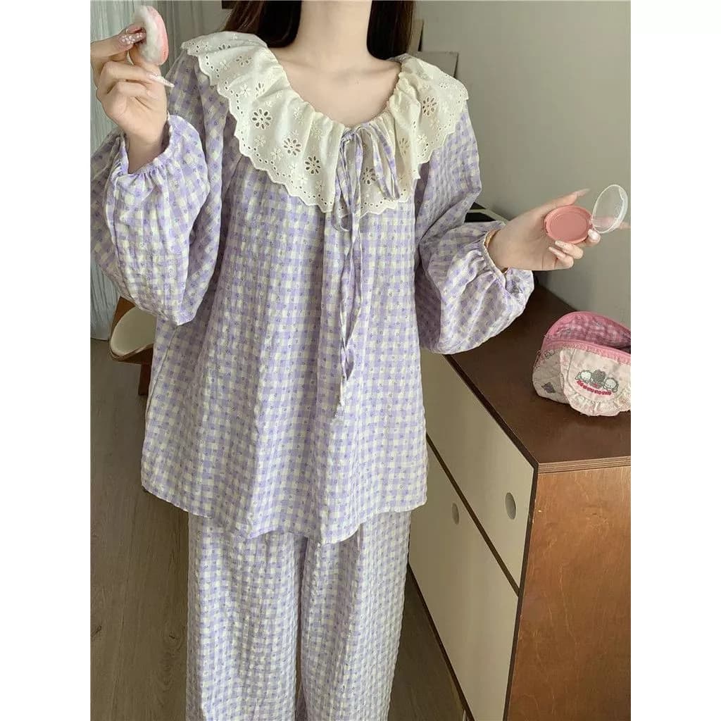 Bộ Đồ Ngủ Nữ Mùa Xuân Thu Phong Cách Hàn Quốc, Cổ Áo Búp Bê Ren Ngọt Ngào, Họa Tiết Kẻ Caro, Cotton Mềm Mại-Hàng Order