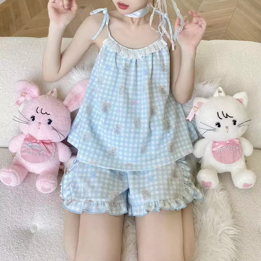 Bộ Đồ Ngủ Quần Đùi Yếm Kẻ Caro Xanh Dương Phong Cách Ins Mới Mùa Hè Dành Cho Nữ, Bộ Hai Mảnh Mặc Nhà Dễ Thương - Hàng Or