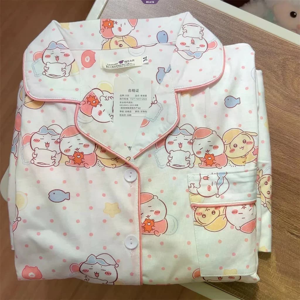 Bộ đồ ngủ dài tay mùa xuân/Thu dành cho nữ với họa tiết Hachiware Usagi Chiikawa