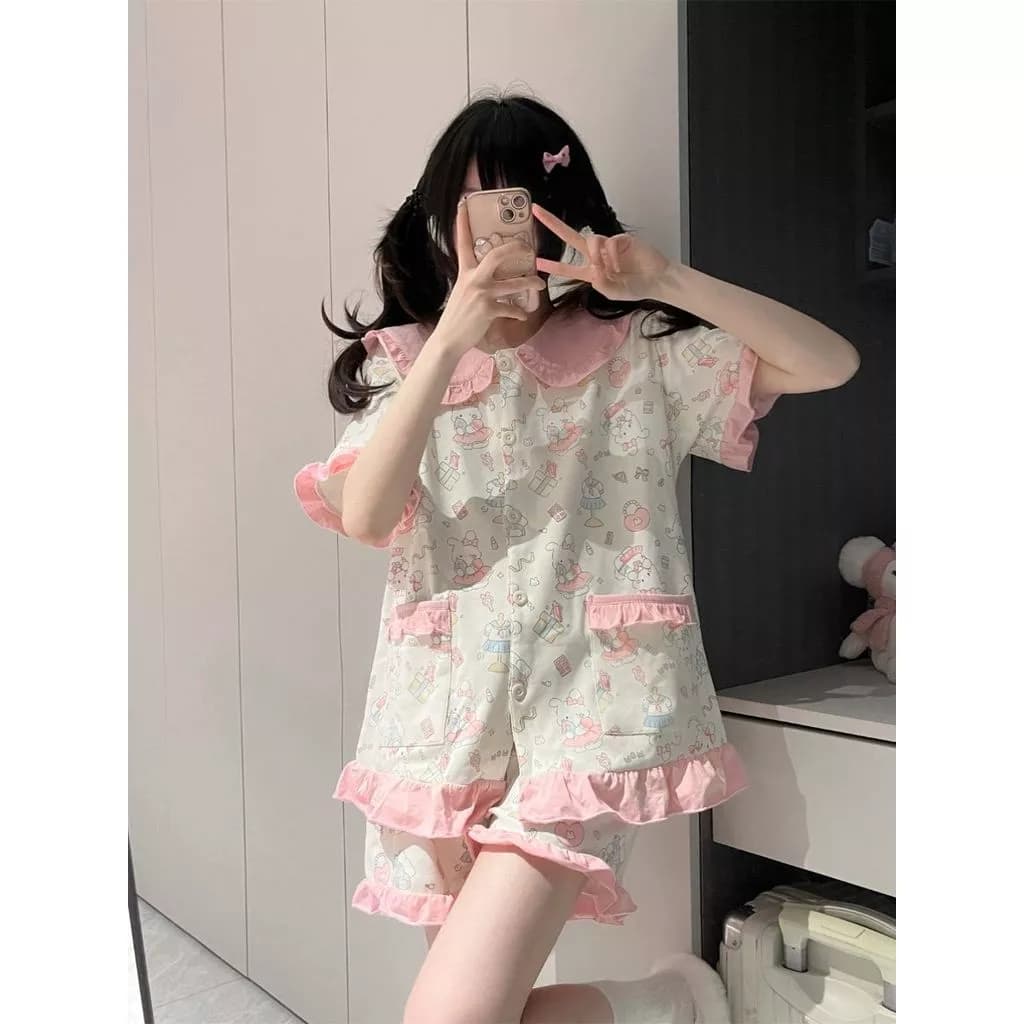 Bộ Đồ Ngủ Ren Ngọt Ngào Phong Cách Nhật Bản Hình Thỏ Dễ Thương Cho Phụ Nữ Mùa Hè - Hàng Order