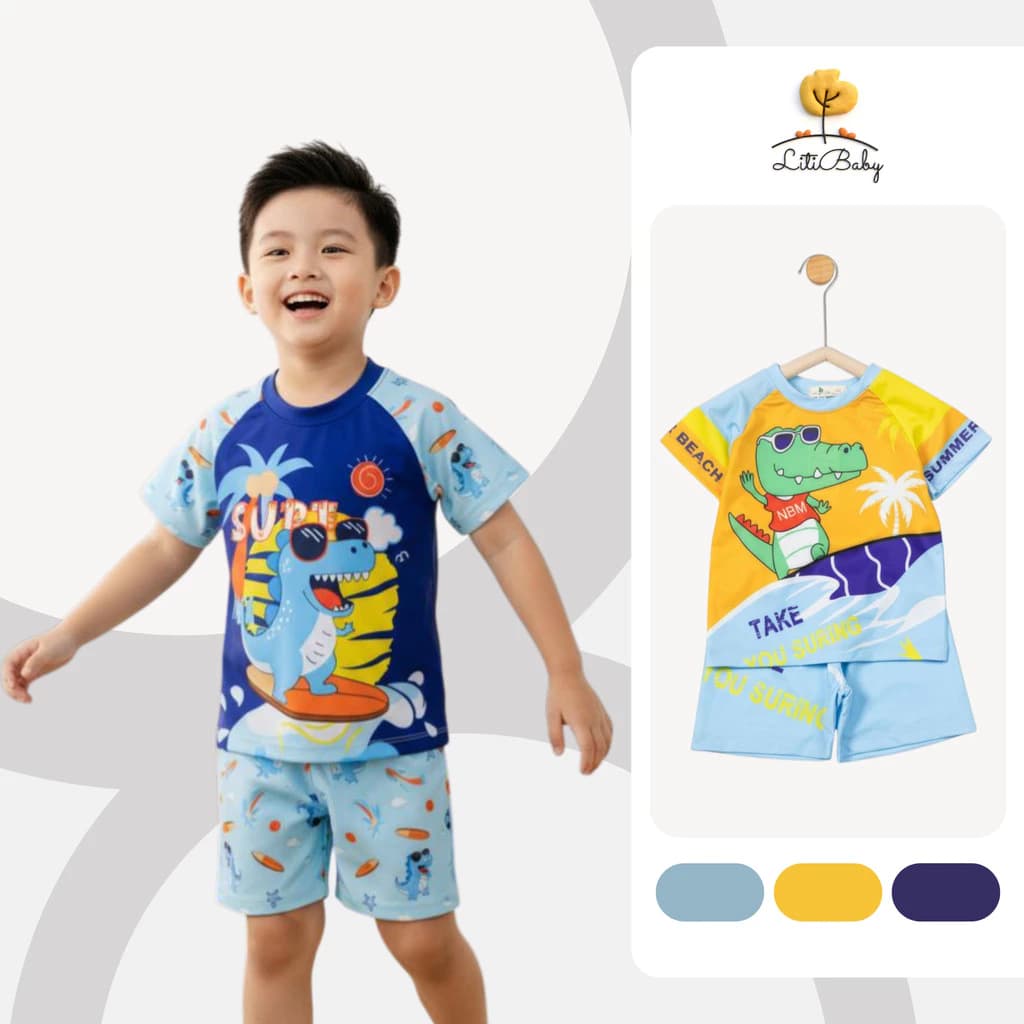 Bộ Bé Trai In Khủng Long Đi Biển Mát Mẻ Kèm Quần Short Thể Thao LITIBABY cho bé từ  2-10 tuổi TS22