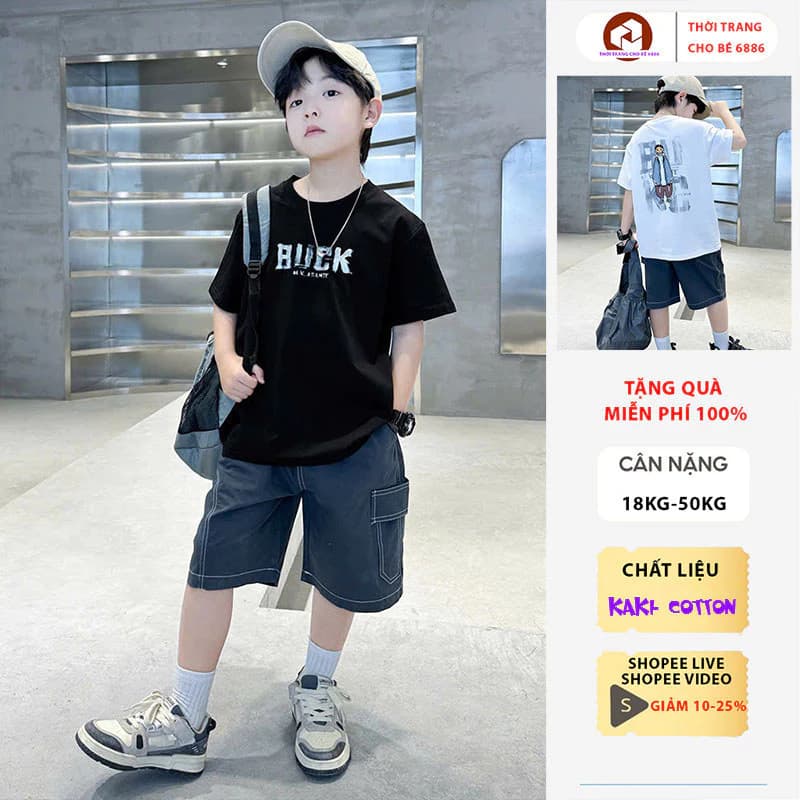 Bộ đồ hè bé trai thun cotton thoáng mát mẫu BUCK, bộ quần áo trẻ em, set đồ cộc bé trai size đại 18-50kg, đồ bộ bé trai