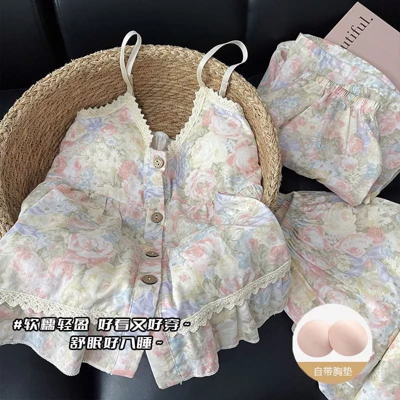 Bộ ba món dễ thương mùa hè mới gồm áo hai dây và quần dài, bộ đồ ngủ nữ in hoa có đệm ngực,  mặc nhà mùa hè- Hàng Order