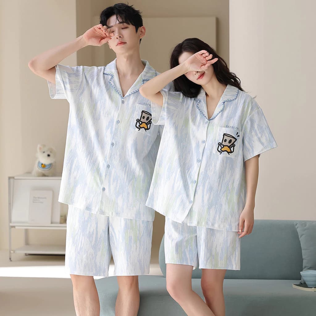 Bộ Đồ Ngủ Cặp Đôi Cotton Mùa Hè, Tay Ngắn, Sọc Hoạt Hình Dễ Thương Cho Nam và Nữ