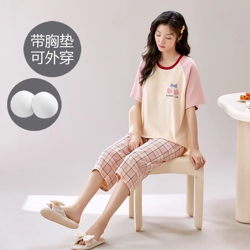 Bộ đồ ngủ nữ hai mảnh mềm mại thoáng mát, thiết kếcrop ngắn tay cổ tròn có miếng đệm ngực, phong cách ngọt ngào và hoạt hình dễ thương