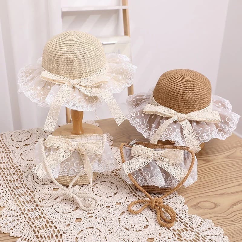 Mũ bé gái có vòng đầu 52Cm vành lượn sóng phối ren nơ ren có dây điều chỉnh vòng đầu