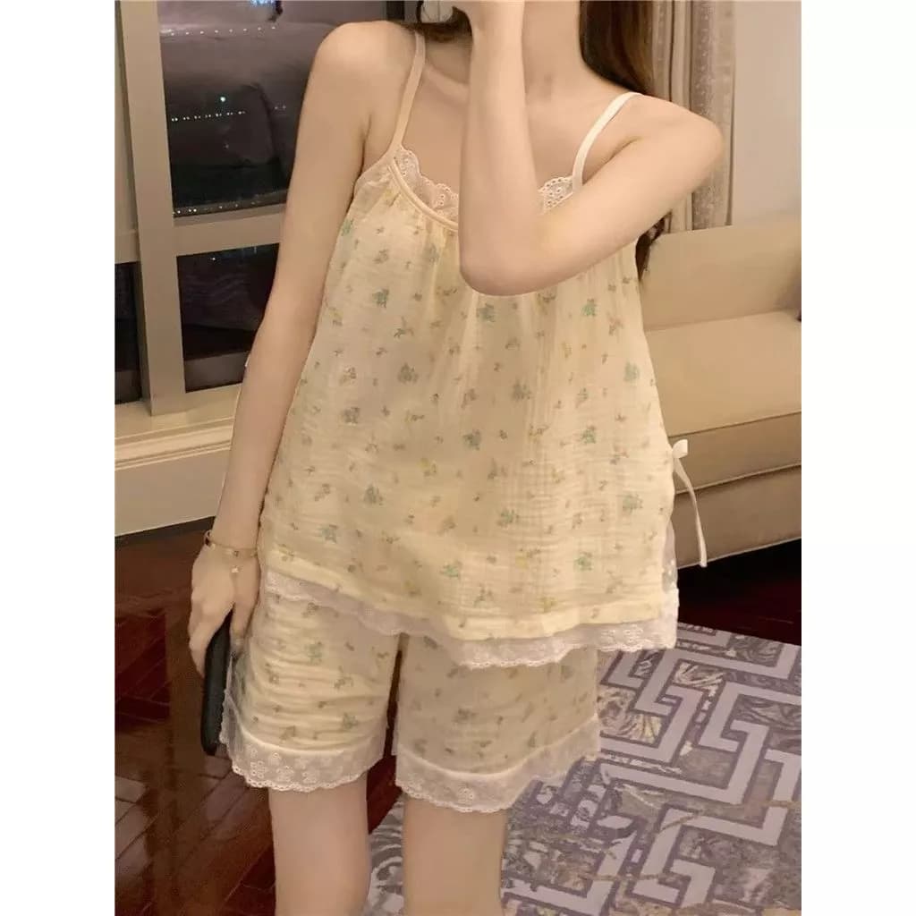 Bộ Đồ Ngủ Mùa Hè Nữ Kiểu Mới, Ngọt Ngào, Viền Ren Hoa, Áo Camisole Và Quần Short, Bộ Đồ Mặc Nhà Mùa Hè.- Hàng Order