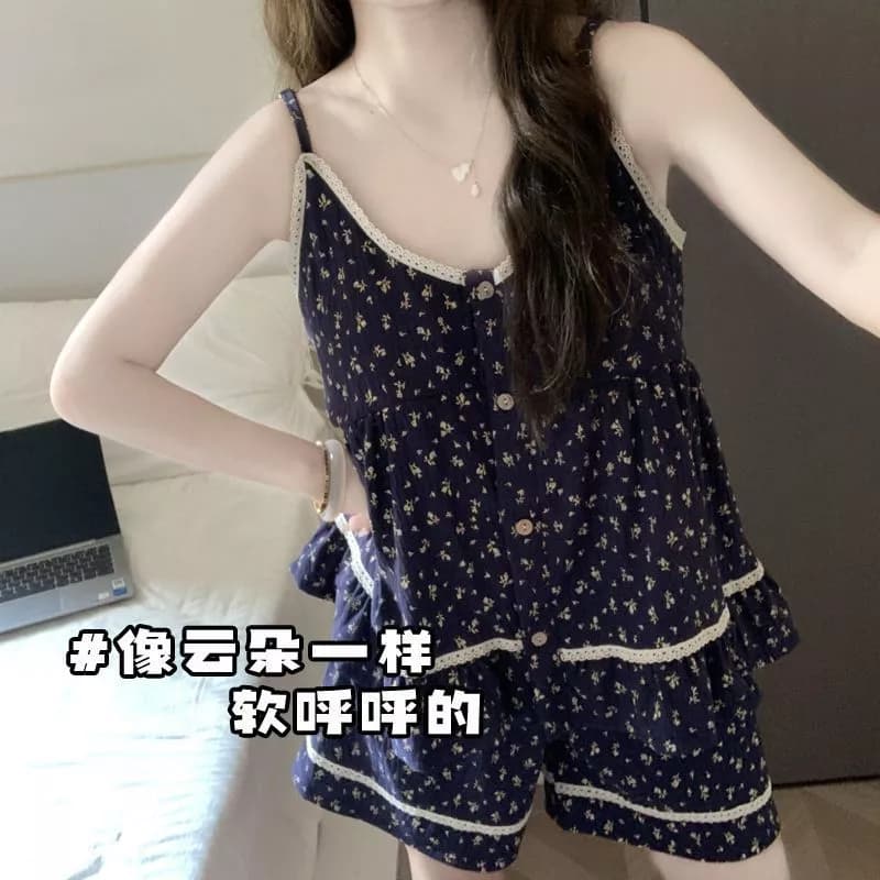 Bộ đồ ngủ mặc nhà mùa hè kiểu mới dành cho nữ, có đệm ngực, thoải mái và cao cấp, họa tiết hoa - Hàng Order