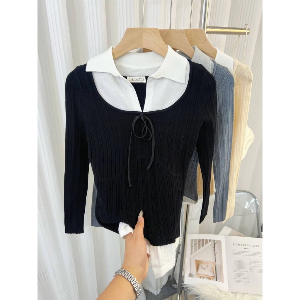 Áo len dệt kim hai áo giả trong  nơ cổ polo