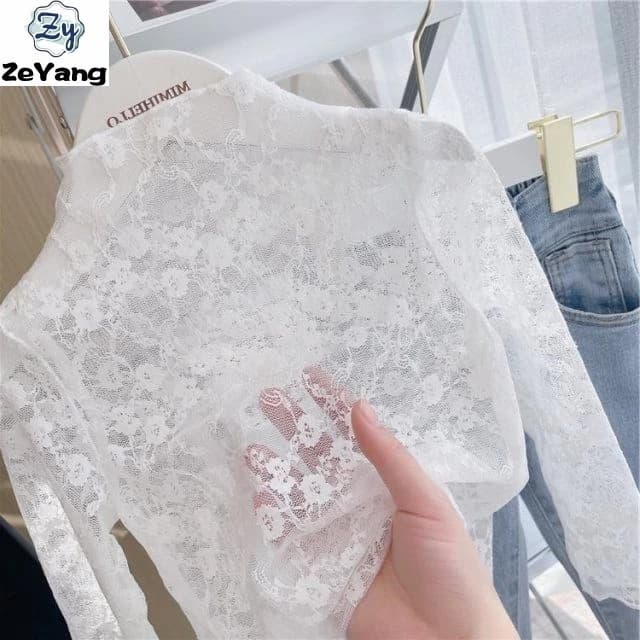 [ZY] 70-150 Hàng có sẵn Áo sơ mi ren đáy quần áo chống nắng thoáng khí cho bé gái Áo thun dài tay thông thường màu trắng bên trong phù hợp với mọi trận đấu
