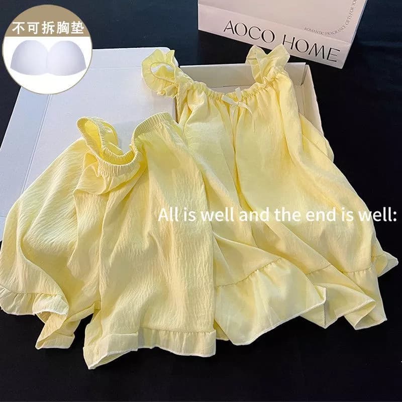 Bộ đồ mặc nhà hai mảnh mùa xuân/hè dành cho nữ: ngọt ngào và tươi mát, có đệm ngực, nơ, màu kem trơn - Hàng Order