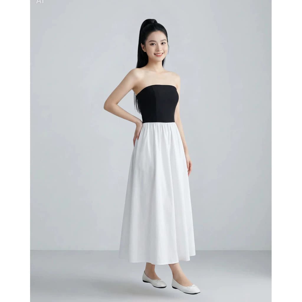 Váy Form Dài SHI Nữ Cúp Ngực Tùng Xòe Màu Tương Phản Trắng Đen