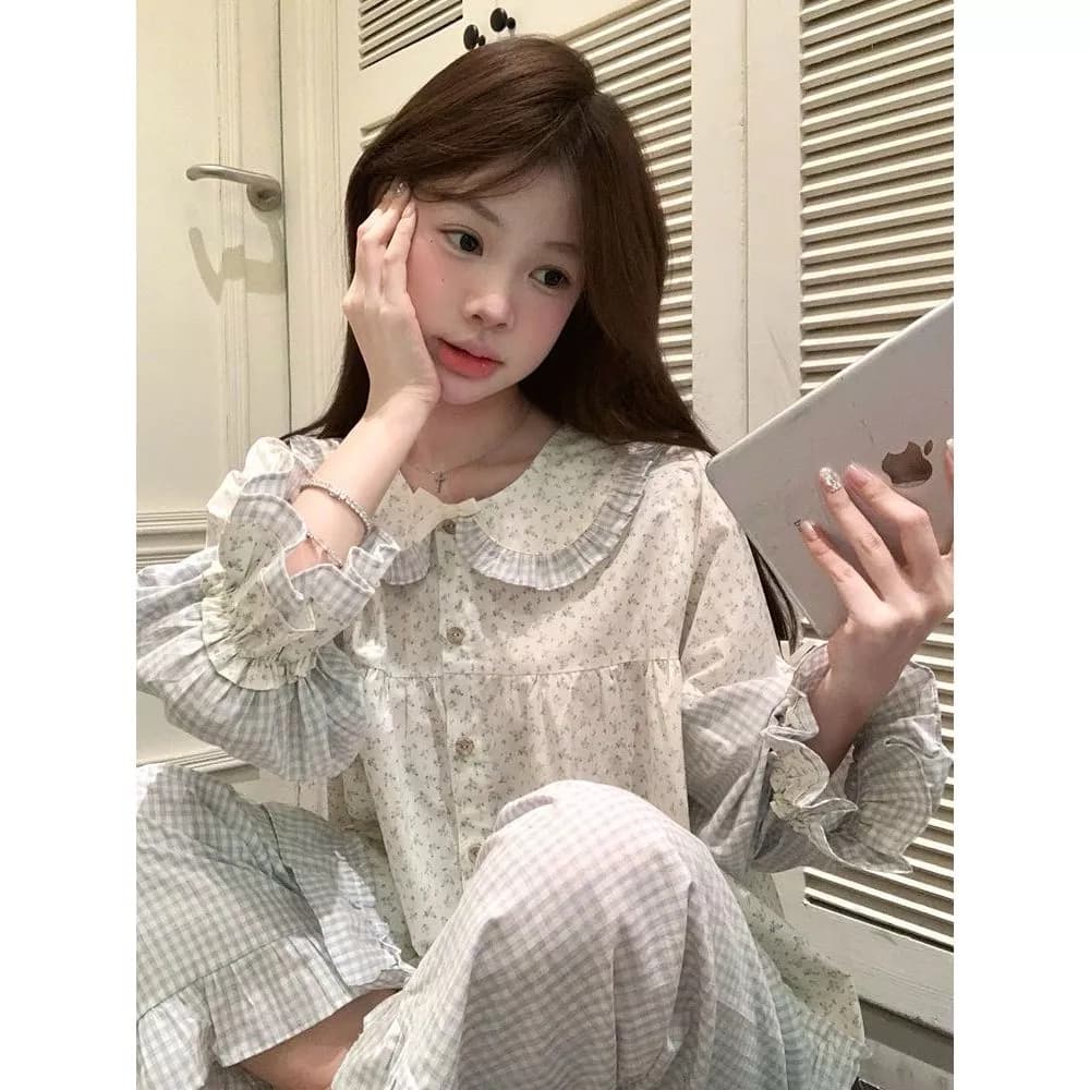 Bộ đồ ngủ cotton thoải mái kiểu công chúa họa tiết hoa caro dành cho nữ, bộ đồ mặc nhà tay dài quần dài ngọt ngào- Order