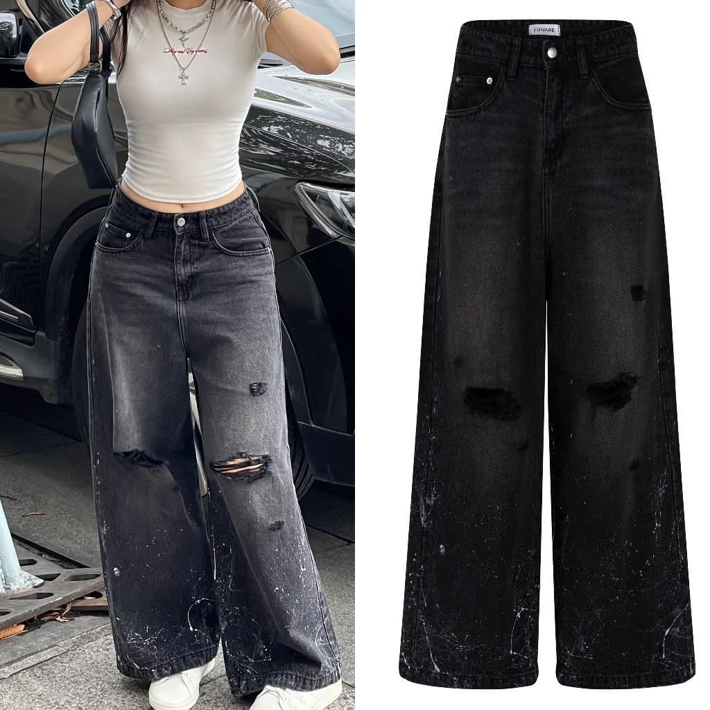 [DEAL MỞ BÁN] QUẦN BAGGY JEAN NỮ ỐNG SUÔNG VẢY SƠN, WASH RÁCH - LUNARE