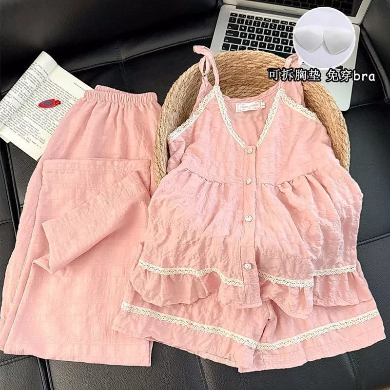 Bộ đồ ngủ Cotton đám mây phong cách mới Bộ ba mảnh mùa hè có miếng đệm ngực Bộ đồ mặc nhà ngọt ngào