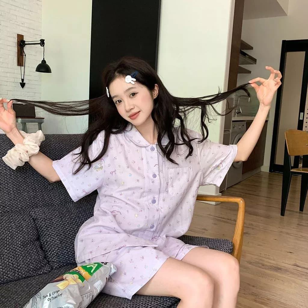 Bộ Đồ Ngủ Ngắn Tay Họa Tiết Hoa Tươi Mới Về Mùa Hè Phong Cách Ins Dành Cho Nữ, Bộ Đồ Ngắn Tay In Hình Hoạt Hình- Pre Ord