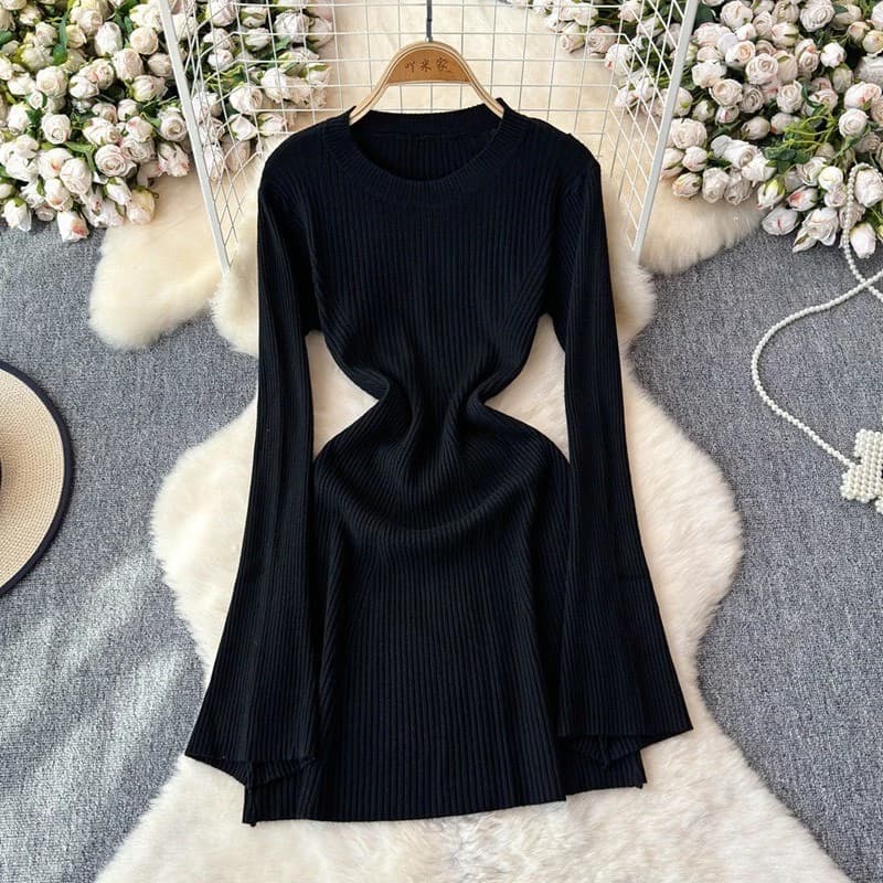 Váy liền dệt kim dài tay ôm dáng hot girl phong cách gợi cảm , cổ tròn đơn giản