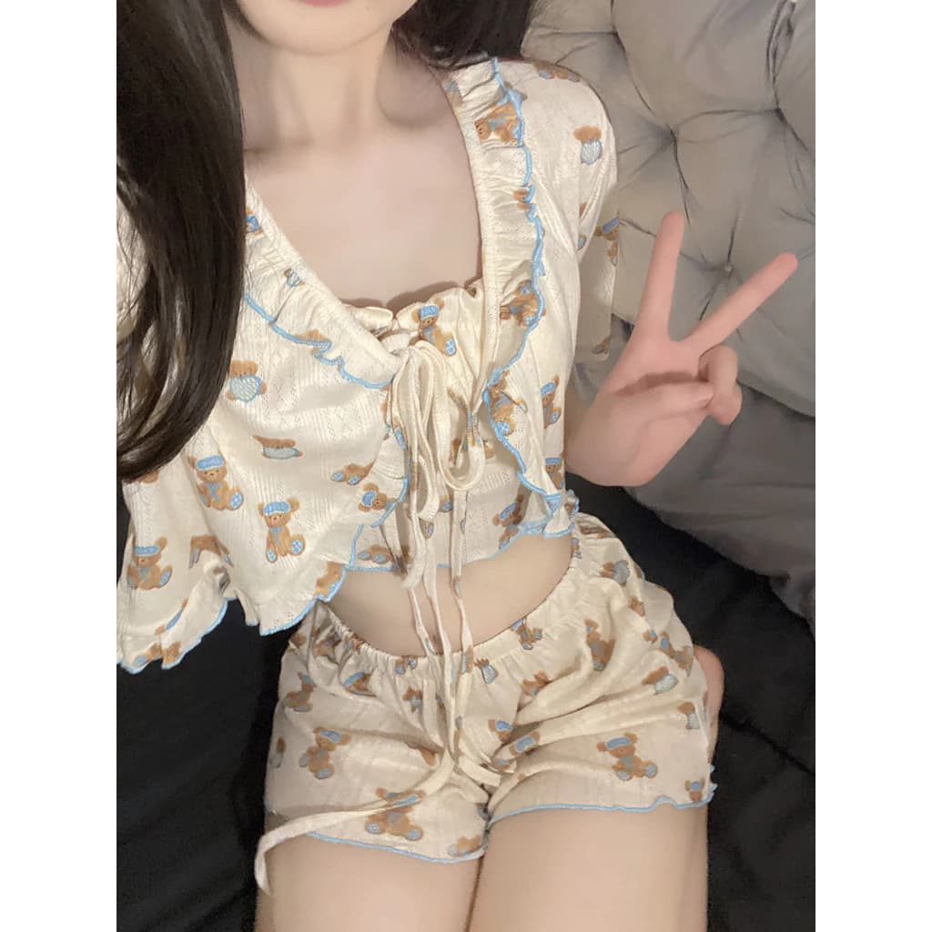 Bộ Đồ Ngủ Cho Nữ Quần Short Ngắn Tay Mẫu Mới Mùa Hè Bộ Đồ Ba Mảnh Bộ Đồ Mặc Nhà Kiểu Hot Phong Cách - Hàng Order