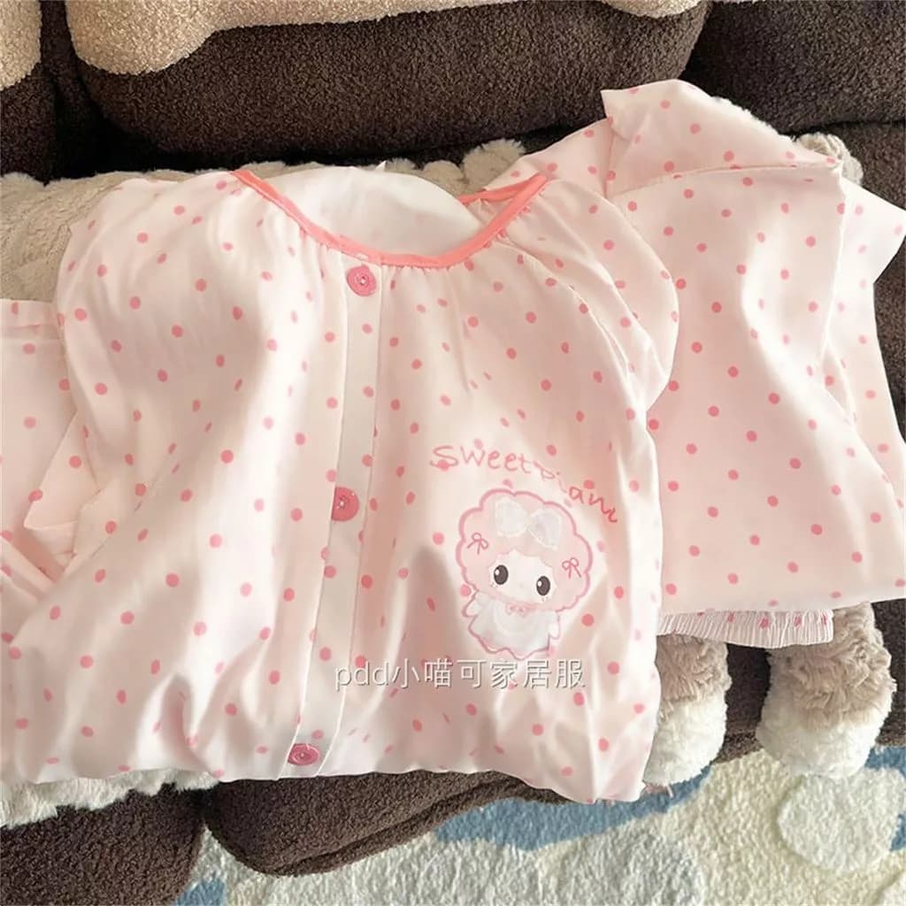 Bộ đồ ngủ My Melody dễ thương, họa tiết chấm bi hoạt hình dành cho nữ, mùa xuân thu, cổ tròn, tay dài - Hàng Order