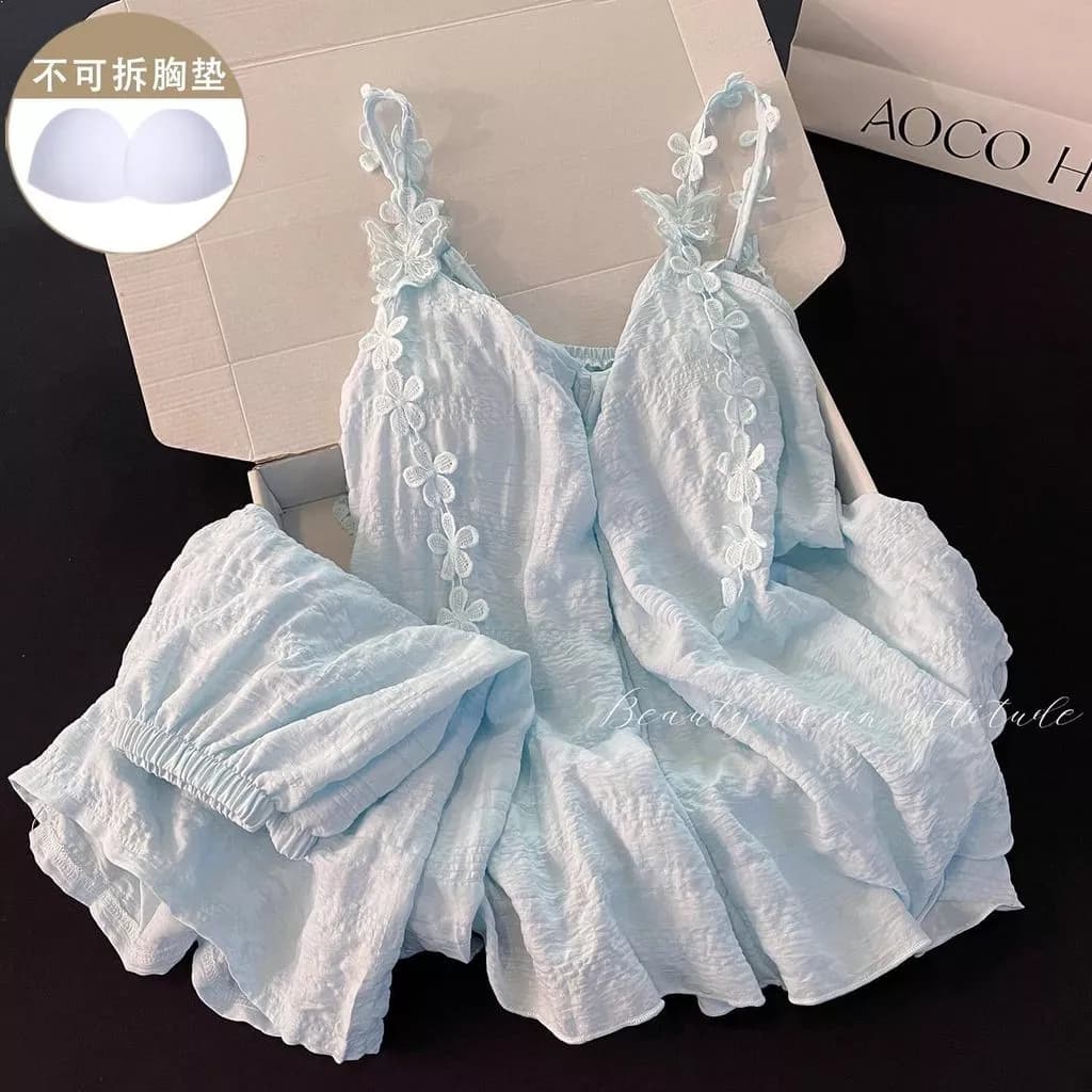 Bộ Đồ Ngủ Mặc Nhà Mùa Hè Kiểu Mới, Có Đệm Ngực, Áo Hai Dây Cotton Họa Tiết Hoa Màu Xanh Và Quần Short - Hàng Order