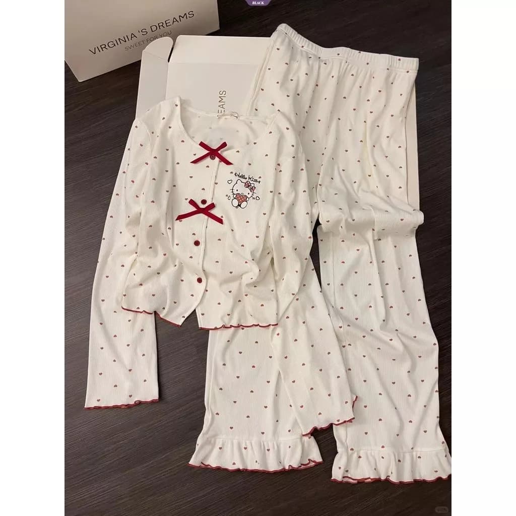 Bộ đồ ngủ dài tay phong cách Hàn Quốc Hello Kitty nơ và in hình trái tim dành cho nữ – Bộ đồ chờ xuân thu [BL]