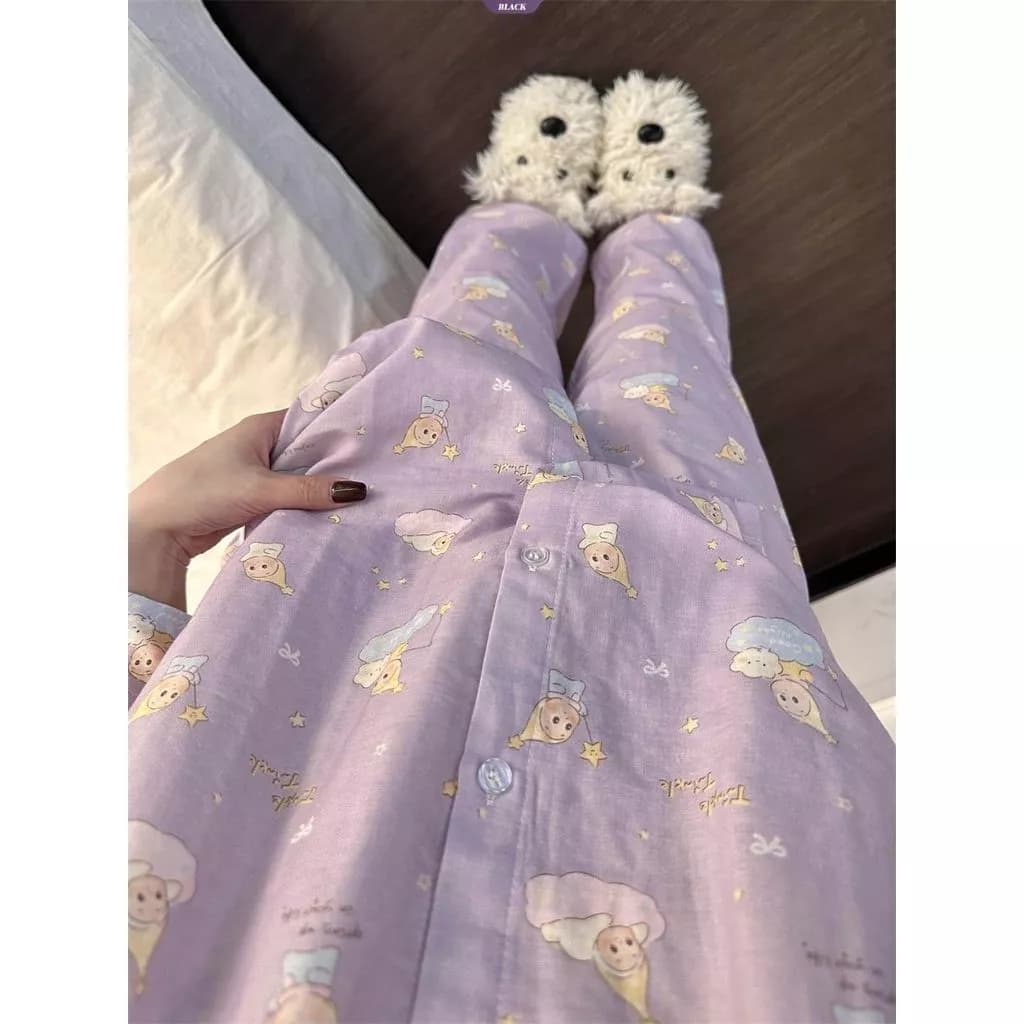 Bộ đồ ngủ nữ in hình ngôi sao Taro màu tím dễ thương, phù hợp mùa xuân và thu
