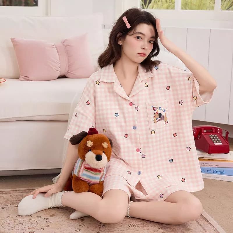 Bộ Đồ Ngủ Nữ Mùa Hè Tay Ngắn với Thiết kế Hoạt Hình Dễ Thương - Loungewear