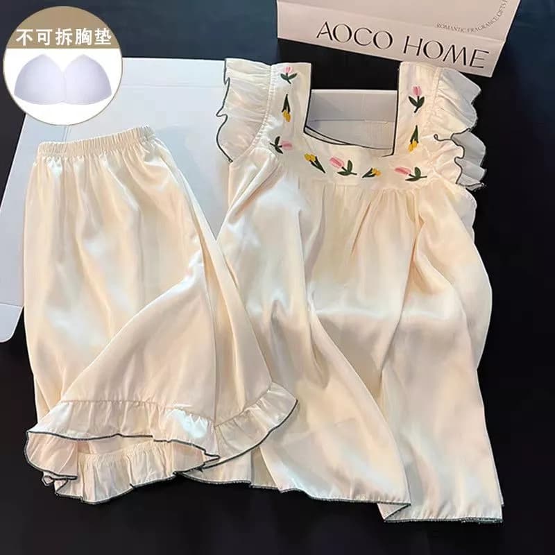 Bộ đồ ngủ mùa hè dành cho nữ, có đệm ngực, áo hai dây gợi cảm, màu mơ ngọt ngào với họa tiết hoa, bộ đồ mặc nhà - Order