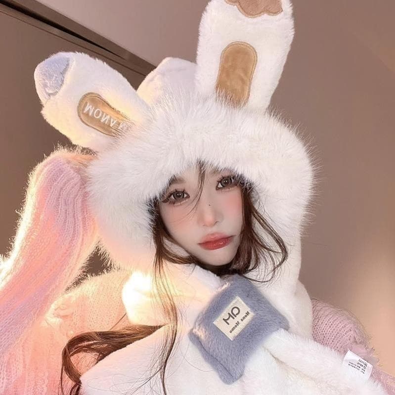 Mũ lông nữ tai thỏ trùm đầu liền khăn mùa đông ấm áp Nón len beanie cute thời trang dễ thương