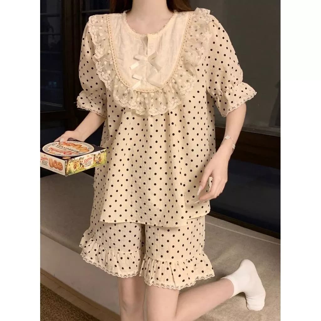 Bộ Đồ Ngủ Chấm Bi Dễ Thương Hàn Quốc Dành Cho Bé Gái, Phong Cách Mùa Hè Mới, Bộ Đồ Mặc Nhà Ngắn Tay Cổ Tròn - Hàng Order