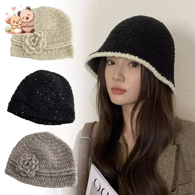 Phụ Nữ Mùa Đông Ấm Áp Đa Năng Handmade Móc Beanie Fine Sequins Hoa