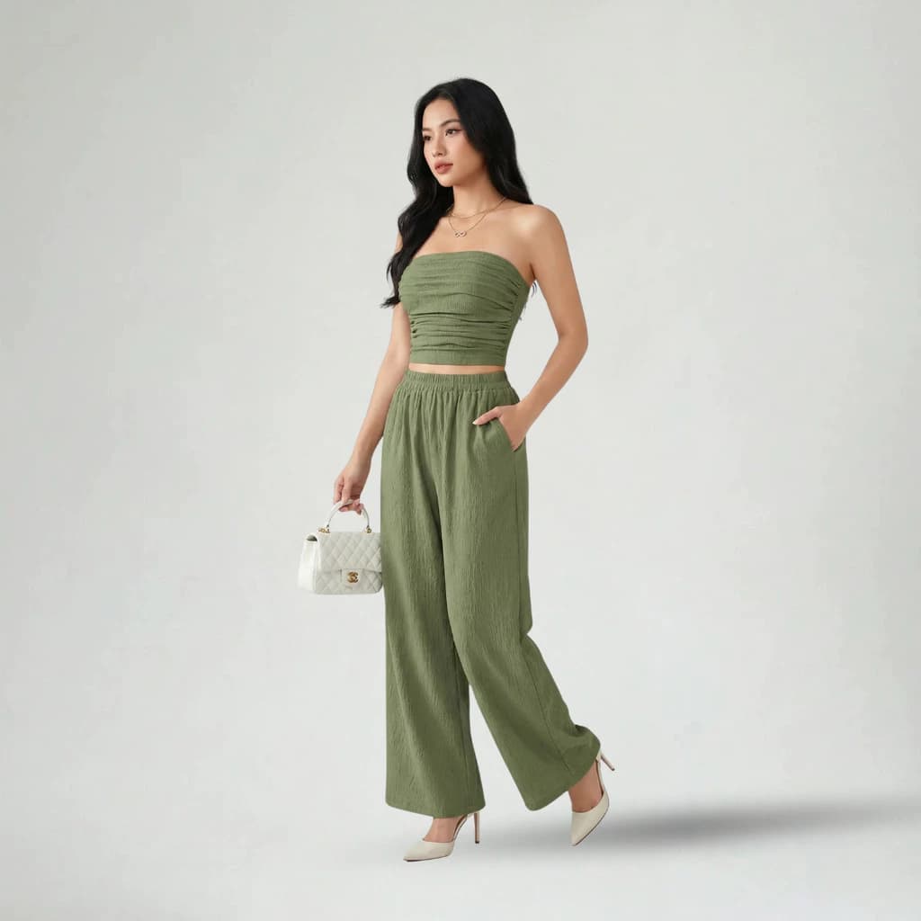 Set Áo Quây Quần Dài Nữ Vải Crepe Màu Xanh Olive