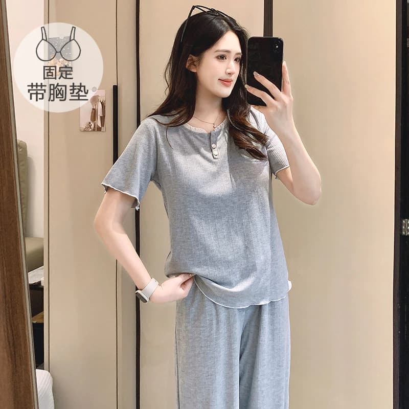 Bộ đồ ngủ nữ có đệm bằng cotton, tay ngắn, họa tiết hoa, thoải mái cho mùa hè