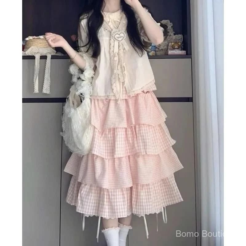 [Pre-Order]-Váy Dài Nữ Vintage, Kết Hợp Áo Sơ Mi Caro Hồng Trắng, Xếp Tầng Điệu Đà, Dáng Ngọt Ngào mẫu mới hàng qc