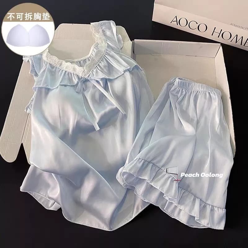 Bộ đồ ngủ màu xanh dành cho nữ, kiểu dáng mùa hè có đệm ngực, gợi cảm, ren, bộ đồ mặc nhà - Hàng Order