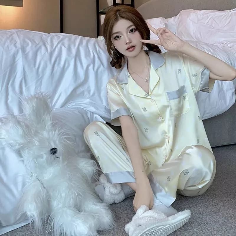 Bộ đồ ngủ  phong cách ins hình gấu bong bóng dành cho nữ, mỏng nhẹ mùa hè, tay ngắn quần dài - Hàng order