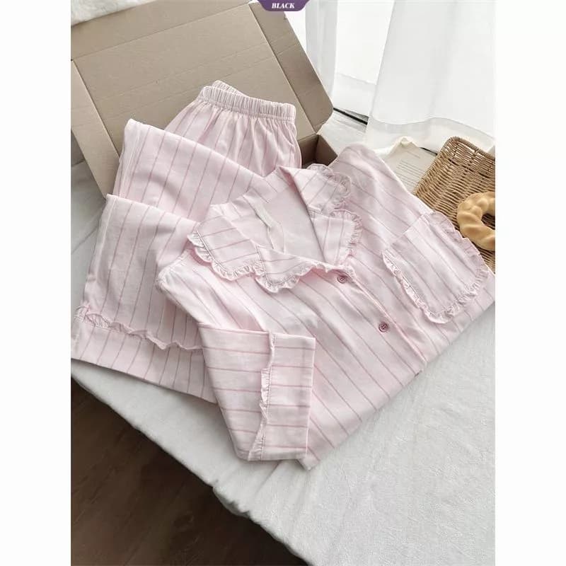 Bộ pajama ren hồng sọc dành cho nữ - Mùa xuân/ thu, dáng dài cute