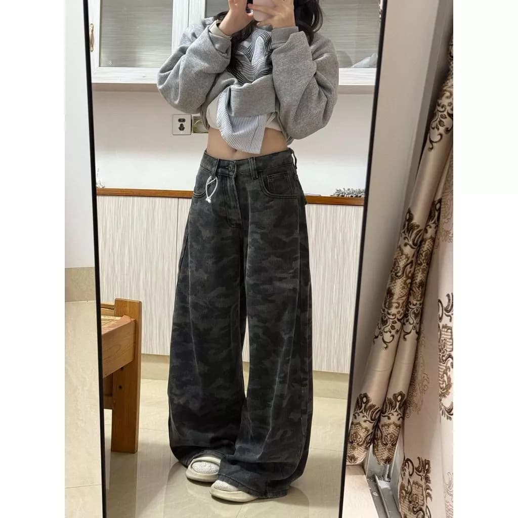 Quần Jeans ống rộng phong cách Mỹ, kiểu dáng quân đội, retro, thời trang đường phố, ống đứng cạp cao dáng rộng mới