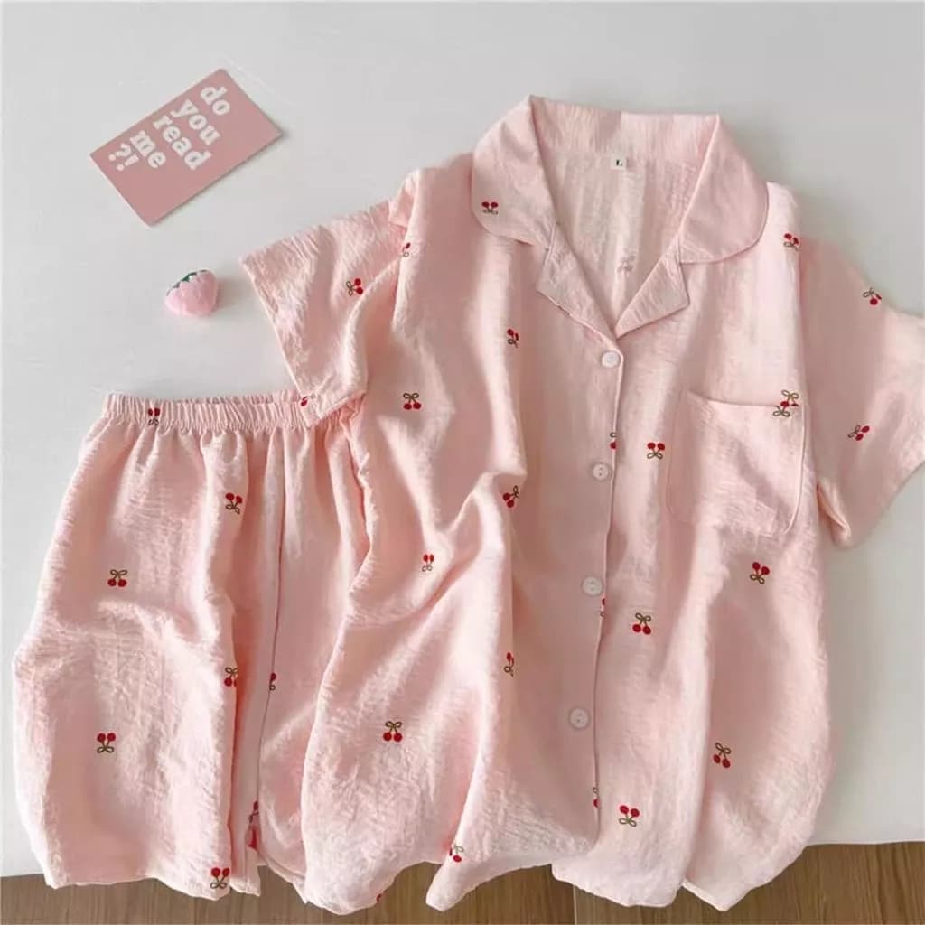 Bộ Đồ Ngủ Màu Hồng Anh Đào Dành Cho Nữ, Áo  Ngắn Tay Và Quần Short Mùa Hè, Đồ Mặc Nhà Mỏng Nhẹ - Hàng Order