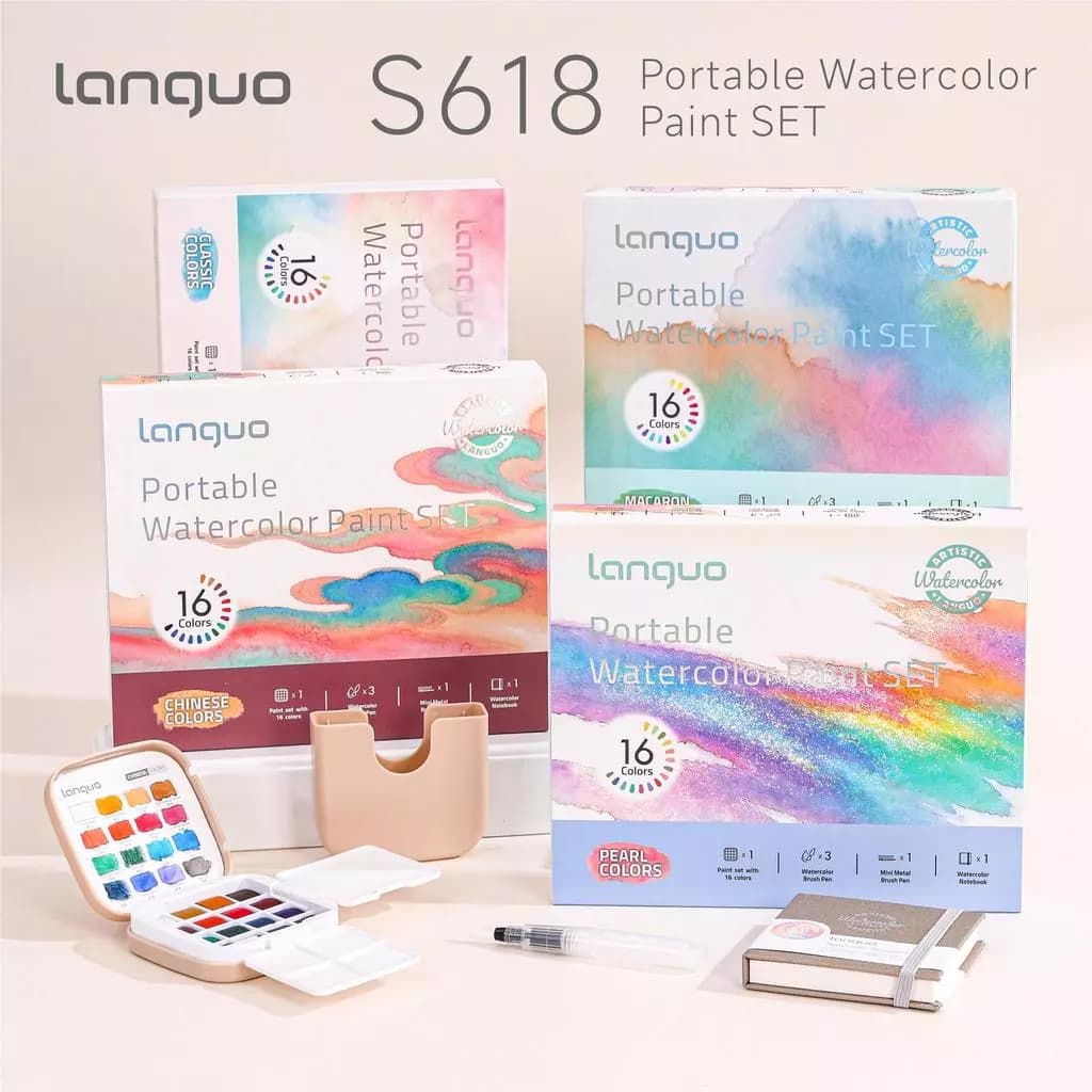 Bộ sơn màu nước Mini 16 màu trơn Bộ nghệ thuật đa năng di động dành cho người mới bắt đầu Phác thảo du lịch