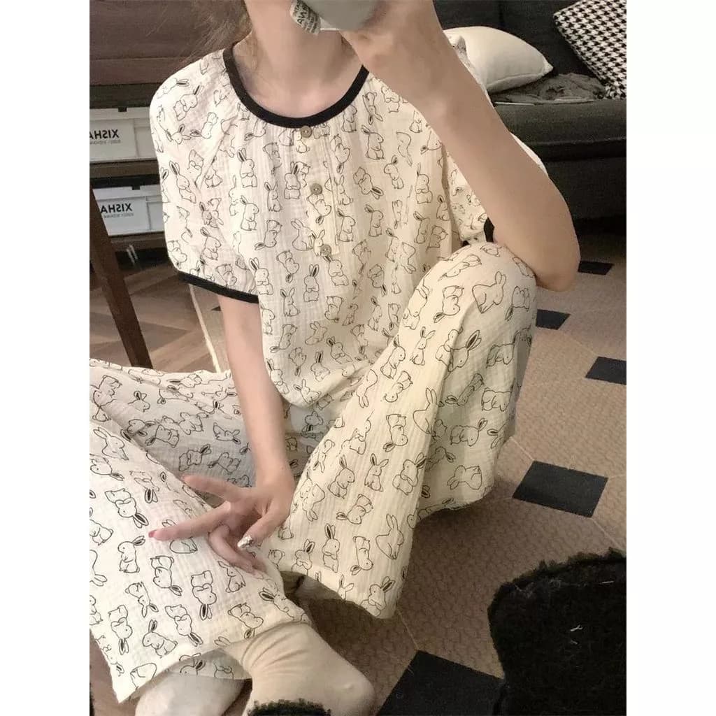 Bộ đồ ngủ in hình thỏ hoạt hình dành cho nữ, bộ đồ mặc nhà thời trang mùa hè mới với áo ngắn tay và quần dài - Order