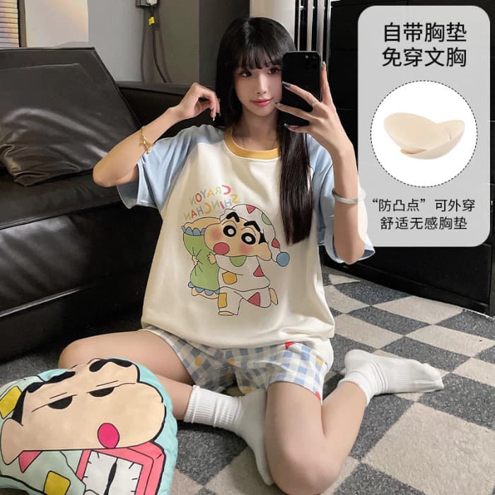 Bộ đồ ngủ Crayon Shin-chan nữ mùa hè, cotton tay ngắn và quần short, thiết kế hoạt hình dễ thương có miếng lót ngực