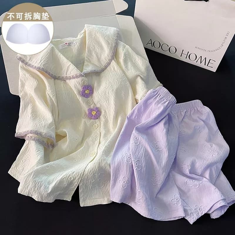 Bộ đồ ngủ nữ phong cách đồng quê, bộ quần áo ngắn tay họa tiết hoa tím thời trang mùa hè mới, đồ mặc nhà - Hàng Order
