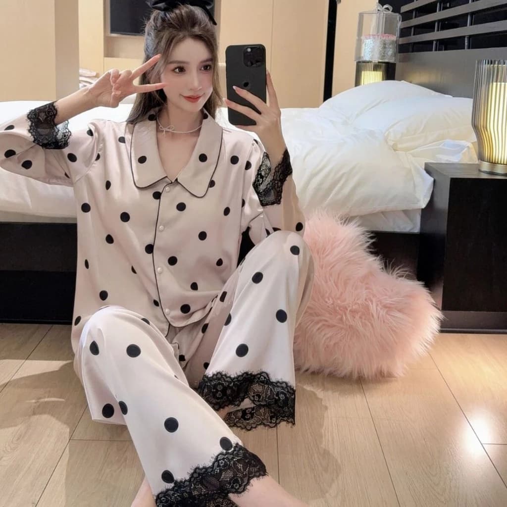 Bộ Đồ Ngủ Nữ Xuân Hè Băng Lụa Hai Mảnh Bộ Đồ Ngủ Polka Dot In Homewear