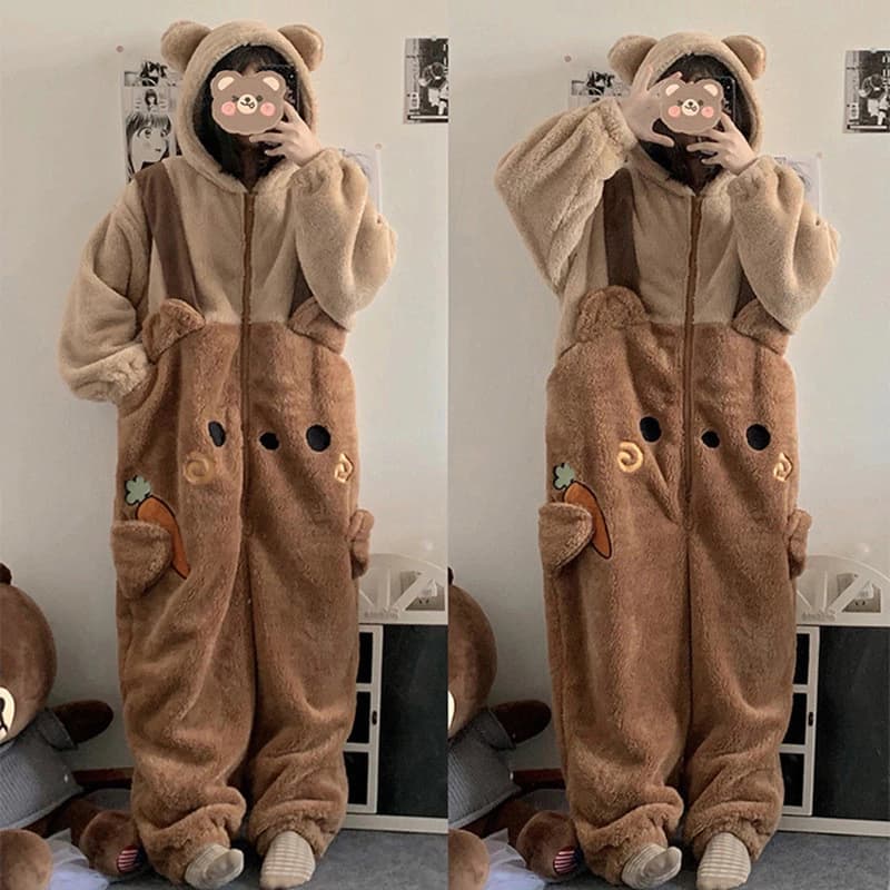 Anime Onesie Gấu Dễ Thương Người Lớn Động Vật Pijama Ấm Flannel Bộ Đồ Ngủ Nam Nữ Cosplay Halloween Hoạt Hình Pyjama Gấu Mùa Đông Đồ Ngủ
