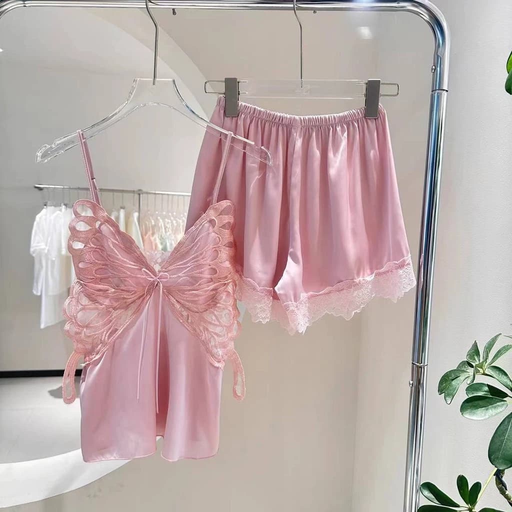 Bộ Đồ Ngủ Gợi Cảm Cho Nữ Băng Lụa Bướm Treo Quần Short Bộ Đồ Ngủ Có Miếng Lót Ngực Quần Áo Gia Đình
