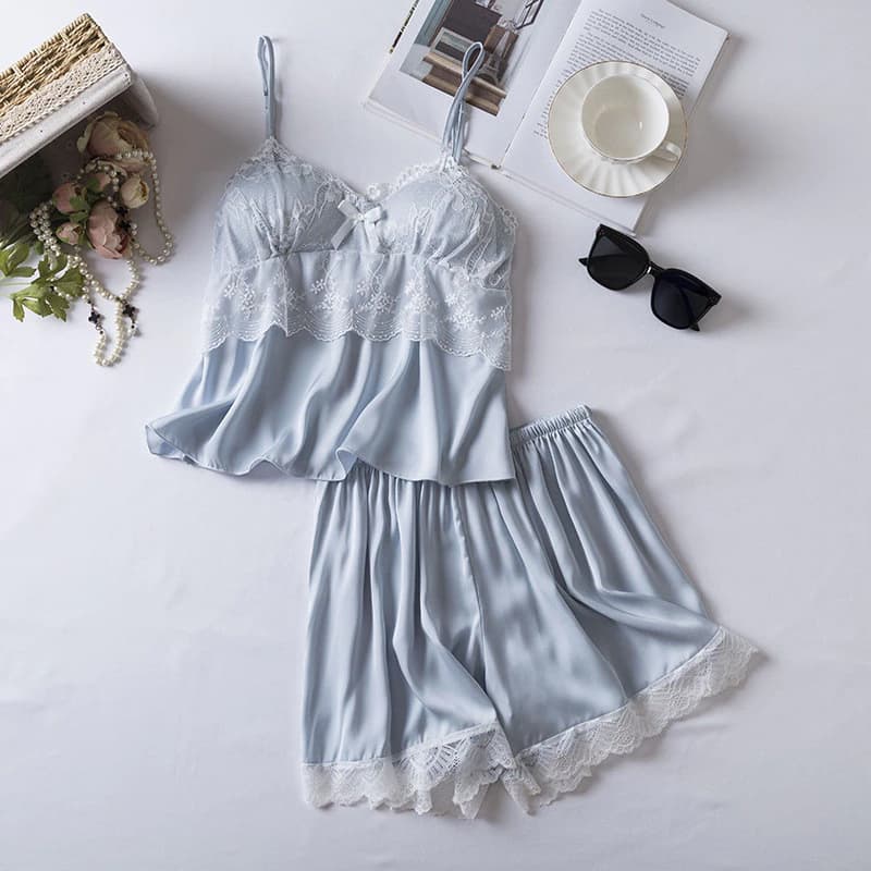 2024 Bộ Đồ Ngủ Mới Nữ Gợi Cảm Suspender Quần Short Hai Mảnh Bộ Có Miếng Lót Ngực Ren Cạnh Đồ Ngủ
