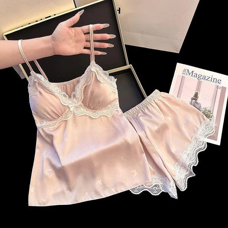 Bộ đồ ngủ nữ gợi cảm mùa xuân hè, áo hai dây và quầnshort bằng lụa băng mỏng nhẹ