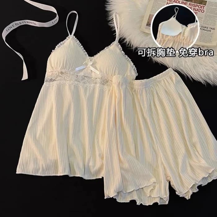 Có miếng đệm ngực, Bộ đồ ngủ cho nữ, Mùa hè, Cotton, Gợi cảm, Mỏng, Ren, Ren, Nơ, Dây treo, Quần sh